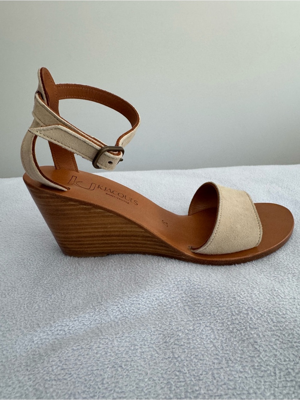 K.Jacques Beige Suede Wedge Sandals with Ankle Strap
